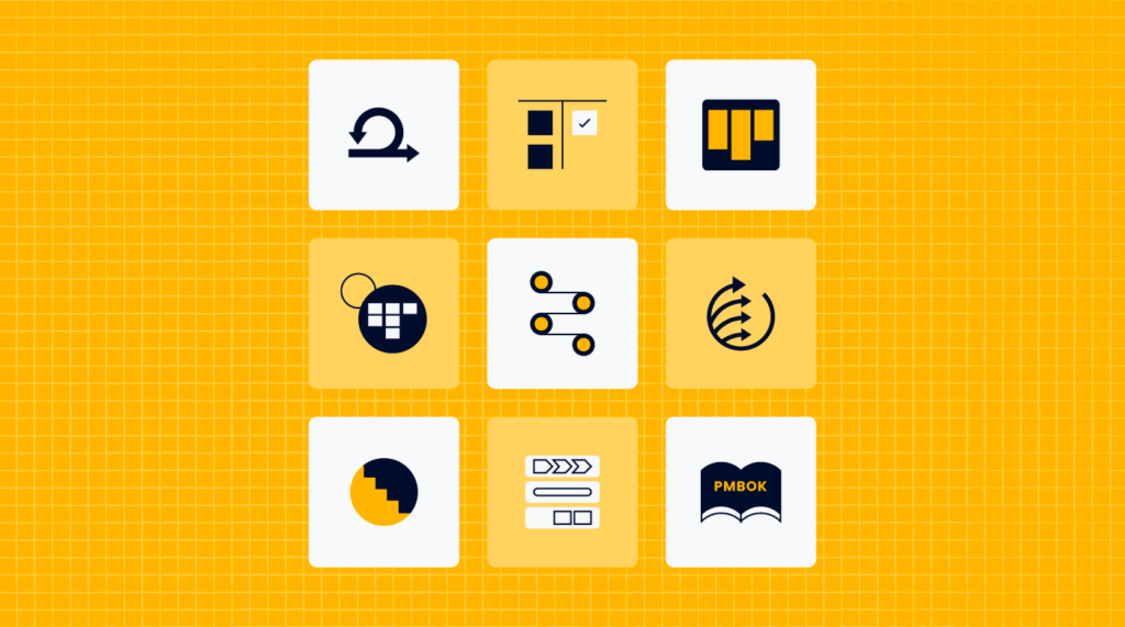 illustration of nine icons in a grid with each icon representing a different project management methodology