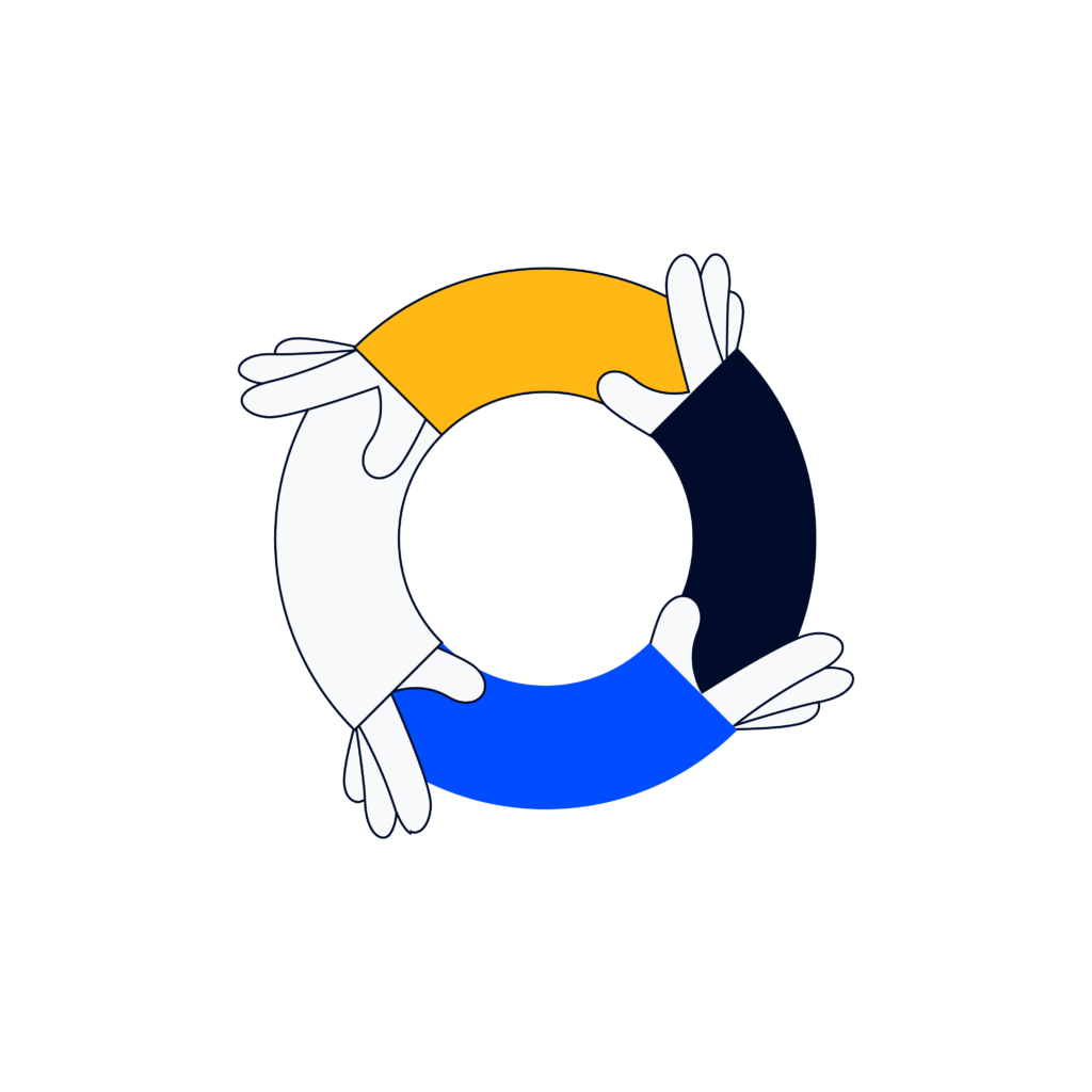 Whimsical illustration of hands helping one another in a circle