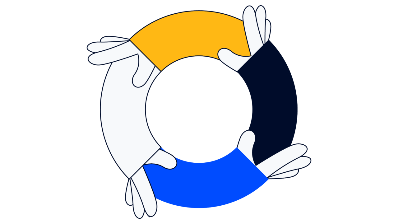 Whimsical illustration of hands helping one another in a circle