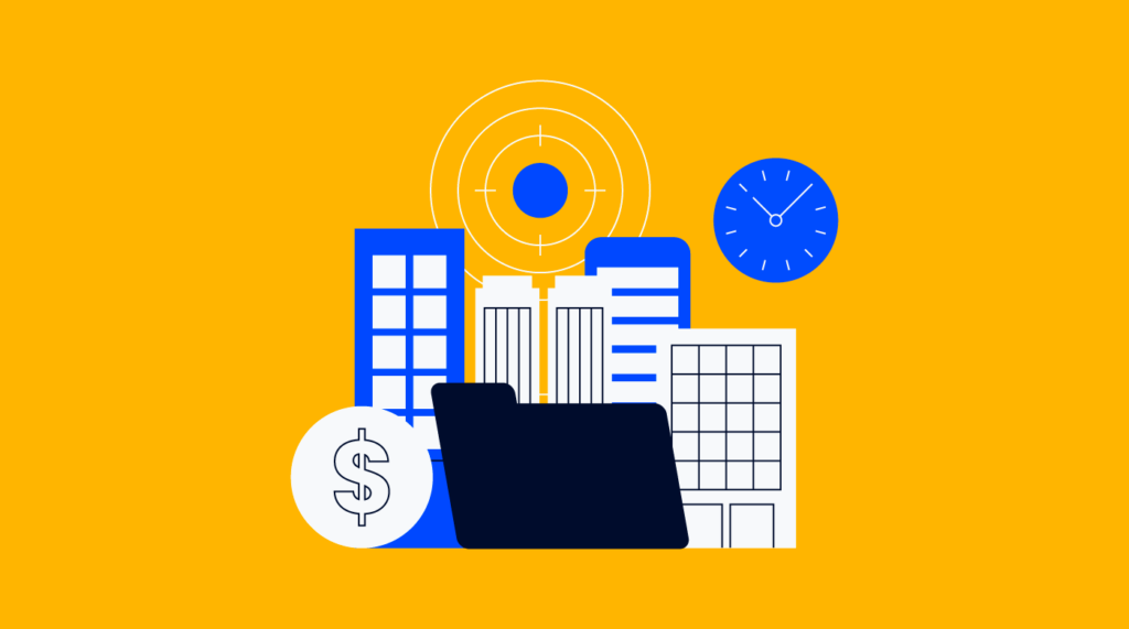 illustration of tall buildings next to dollar signs and clocks for how to manage an enterprise project
