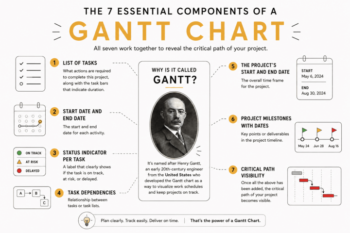 Infographic showing the 7 essential components of a Gantt chart including task list, start and end dates, status indicators, task dependencies, milestones, and critical path visibility