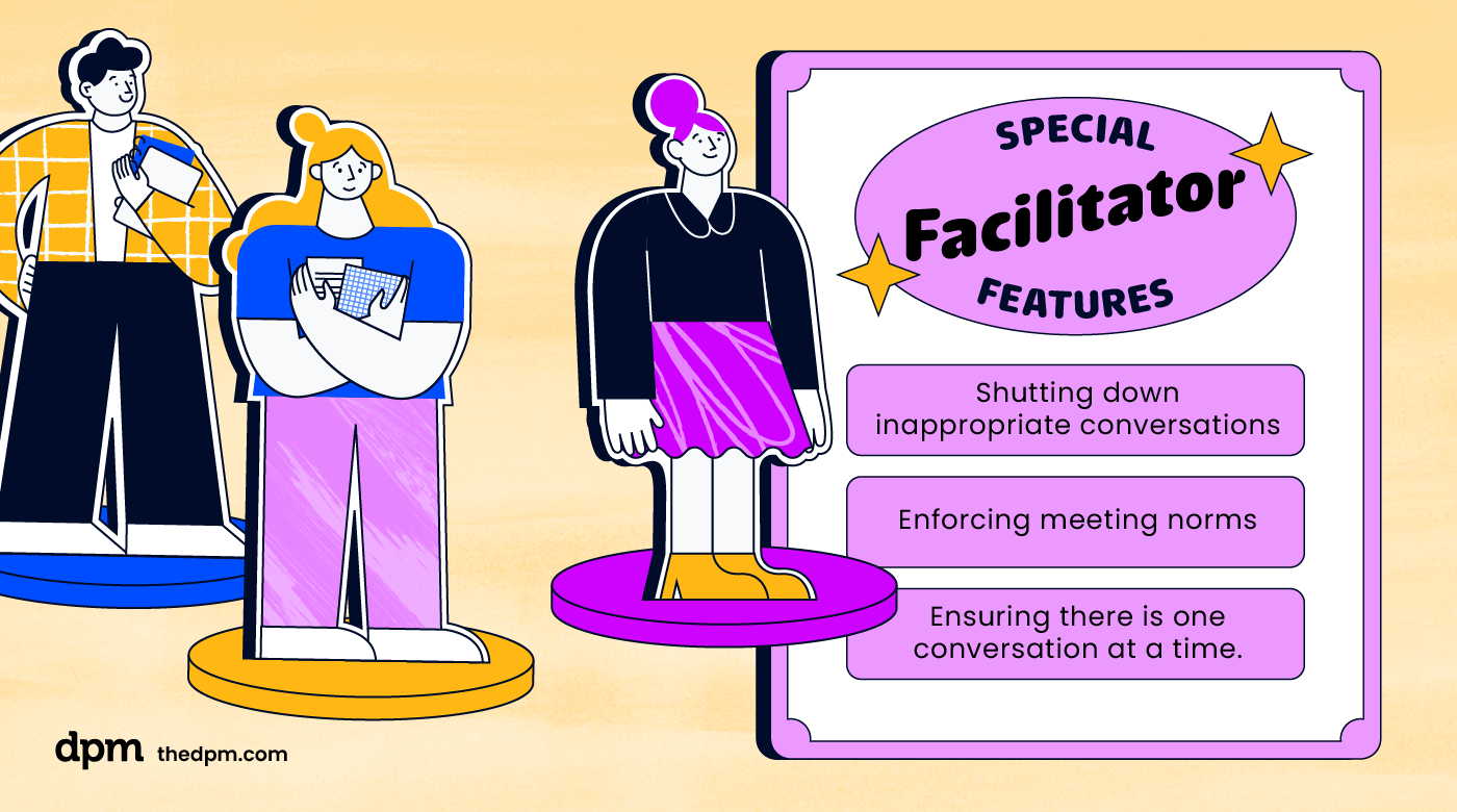 cardboard figures of facilitators next to a list of their features