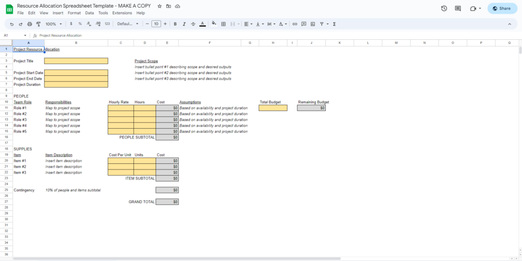 screenshot of resource allocation spreadsheet template