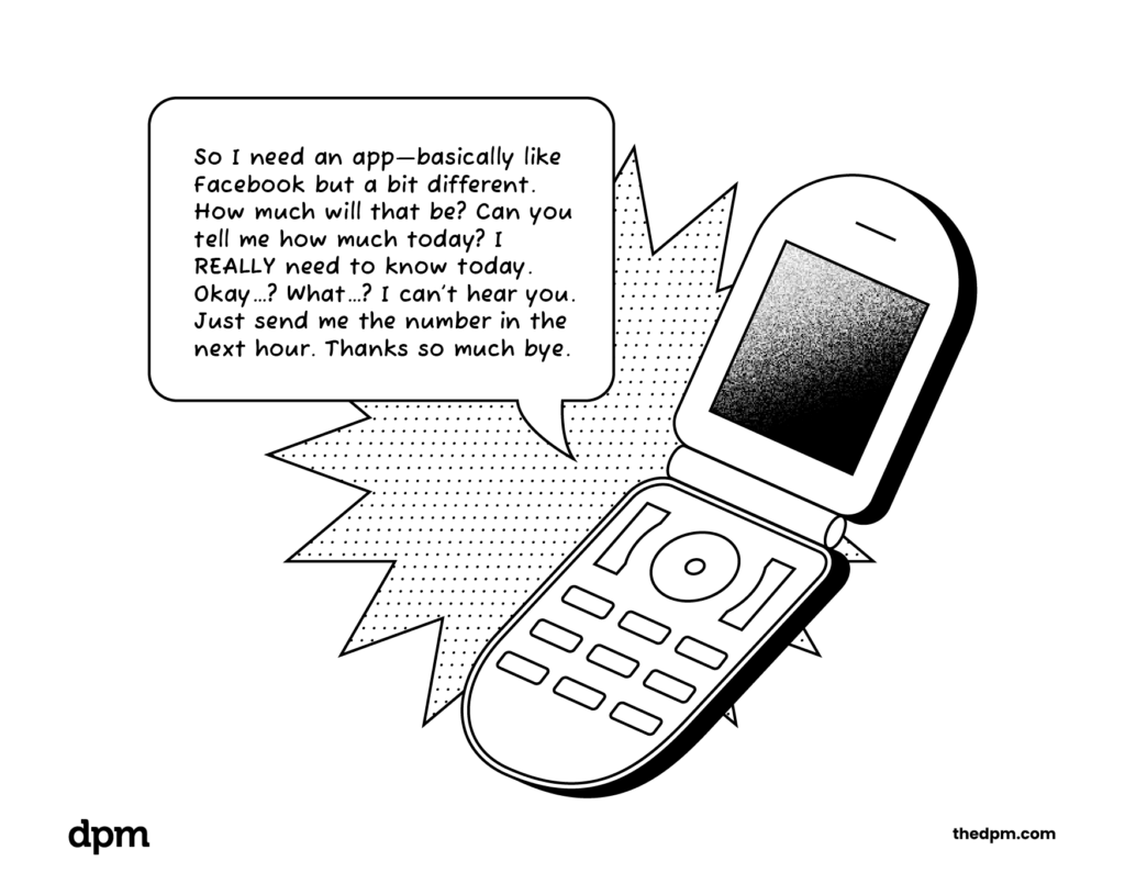 cell phone with a speech bubble detailing a vague client request