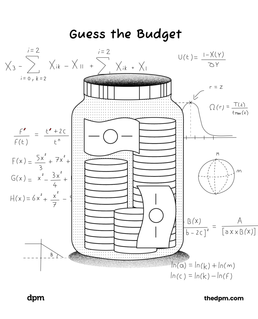 jar filled with coins and bills with the text guess the budget