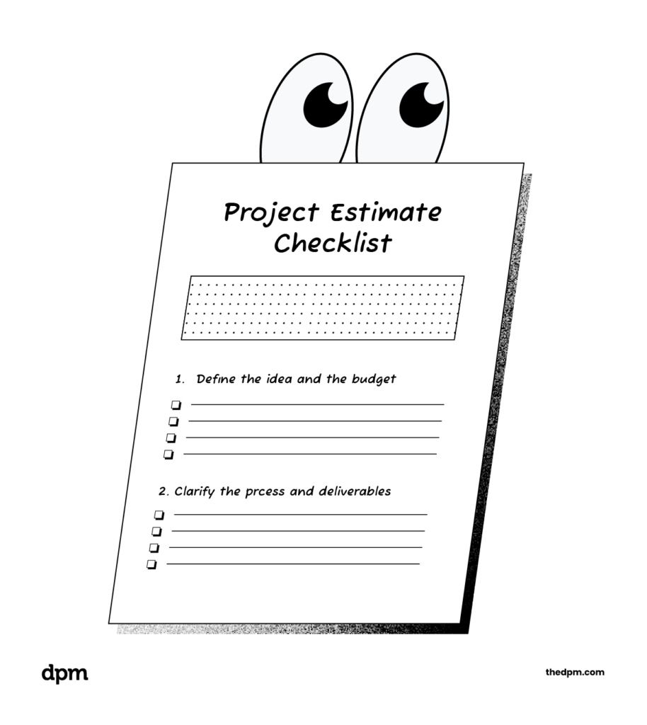 project estimate checklist with line items and a pair of eyes on top