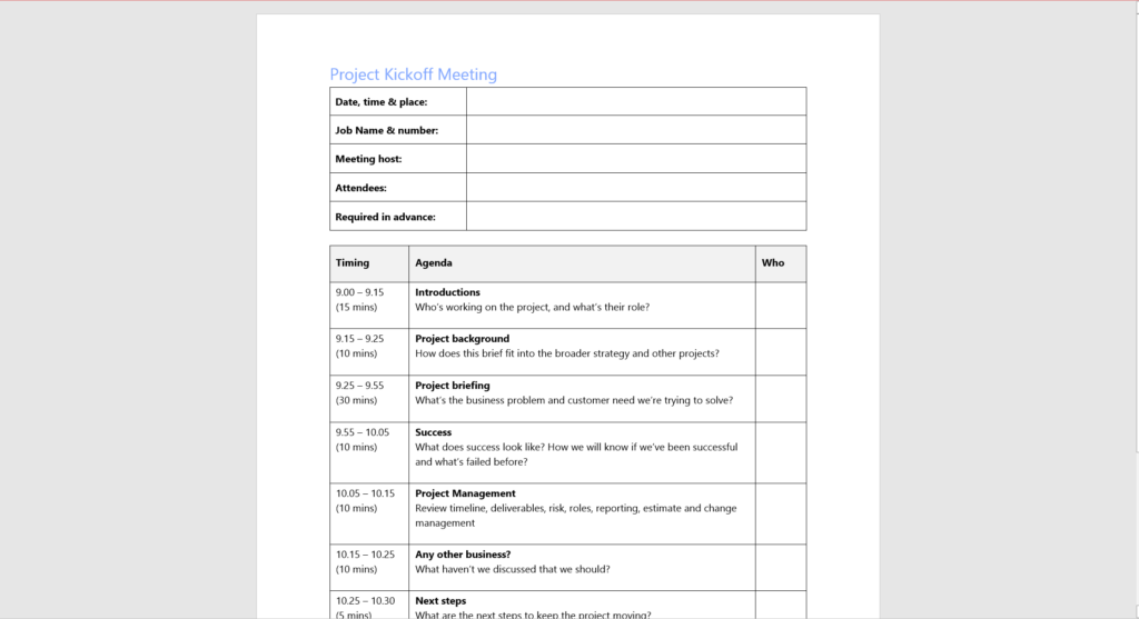 screenshot of the project kickoff meeting agenda template