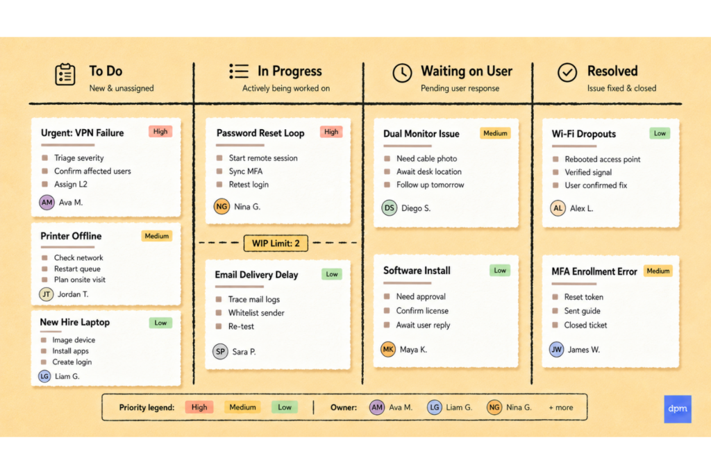 kanban board used for IT support request queue