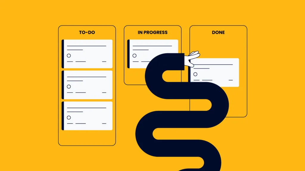 kanban board with 3 columns and a hand moving cards