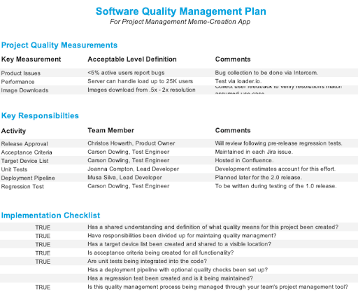 Quality Management Plan Screenshot