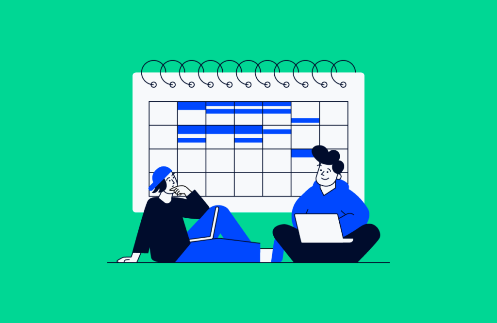 two project managers sitting in front of a calendar for sprint review meeting