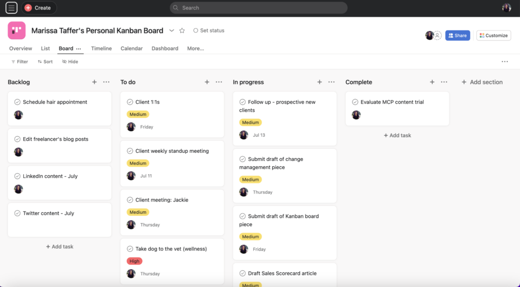 personal kanban board screenshot