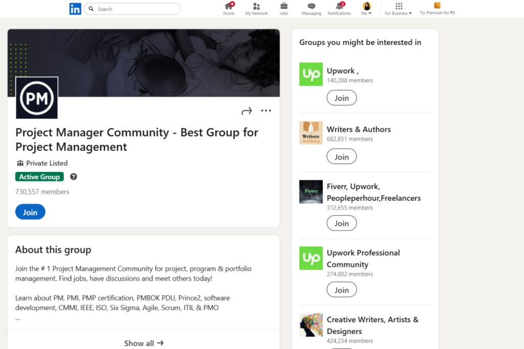 Project Manager Community LinkedIn group page