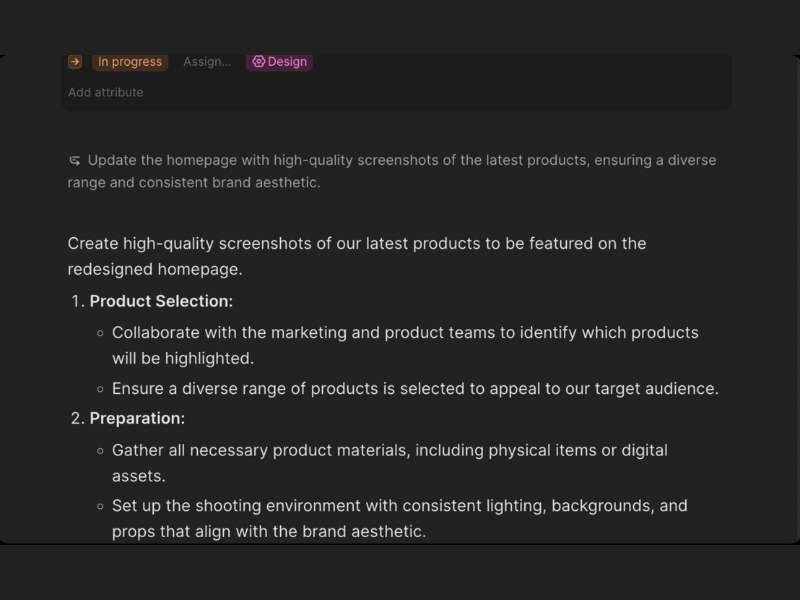 A screenshot of Height’s new Live Summary Blocks feature. It displays a document describing how to create product screenshots for a new homepage. At the top, in smaller text, a summary of the page’s content has been generated and added.