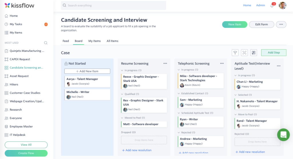 Kissflow software review, a screenshot of the tool's recruitment dashboard