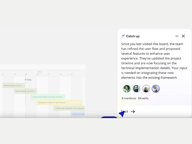 A screenshot of Miro’s new Catch-Up feature. It shows a close up of a section of a Miro board, where a “Catch up” bubble has appeared. It reads: “Since you last visited this board, the team has refined the user flow and proposed several features to enhance user experience. They’ve updated the project timeline and are now focusing on the technical implementation details. Your input is needed on integrating these new elements into the existing framework.