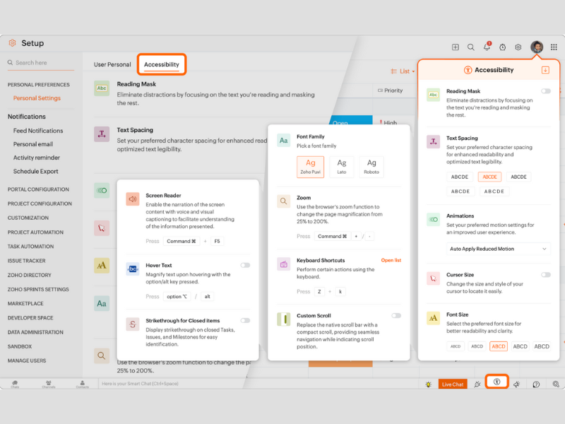Zoho Projects has introduced new accessibility features, including a reading mask, customizable text spacing, animation controls, screen reader support, and interface adjustments to enhance usability for diverse user needs.