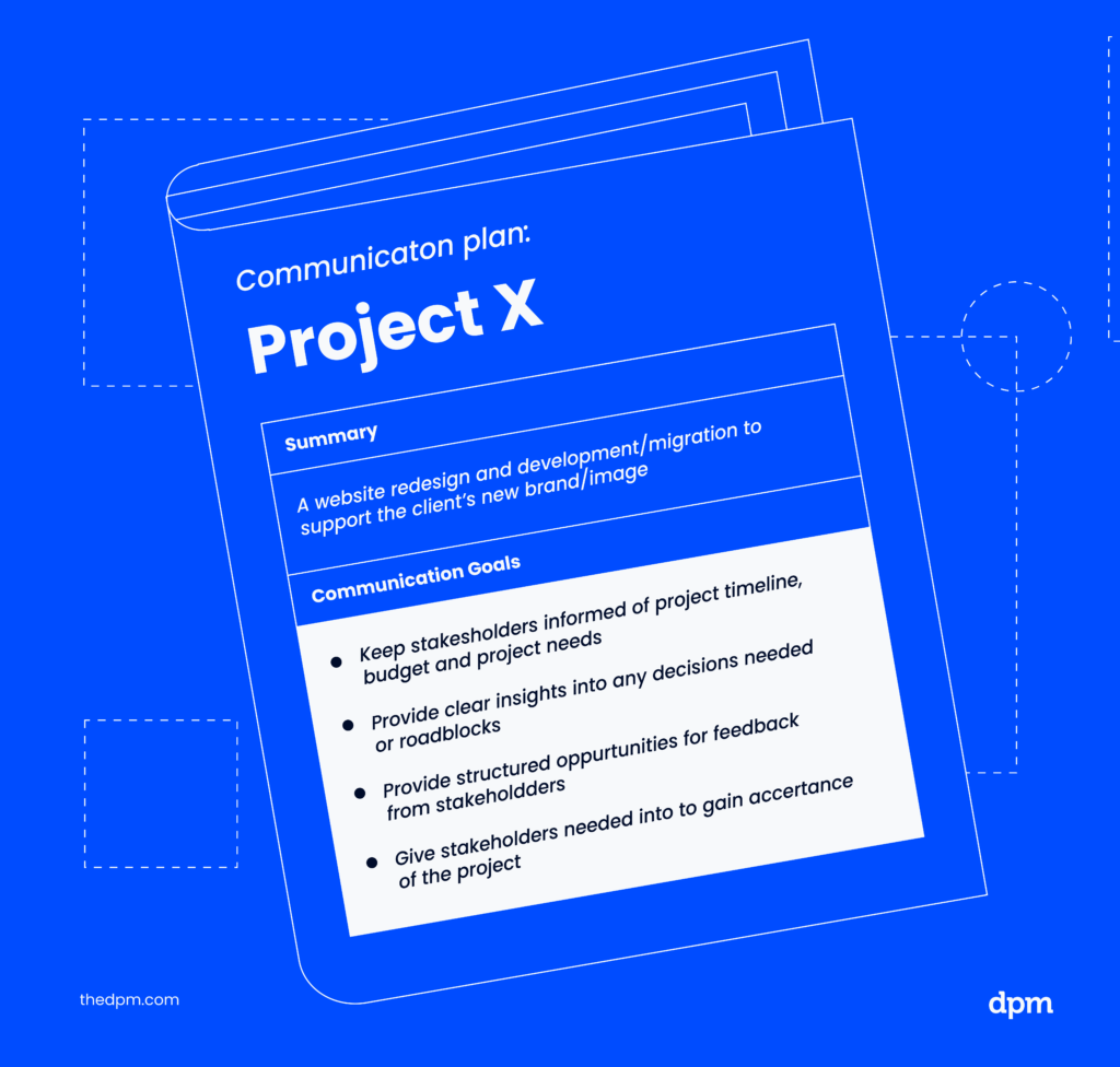 a communication plan in a blueprint style document with a summary and communication goals