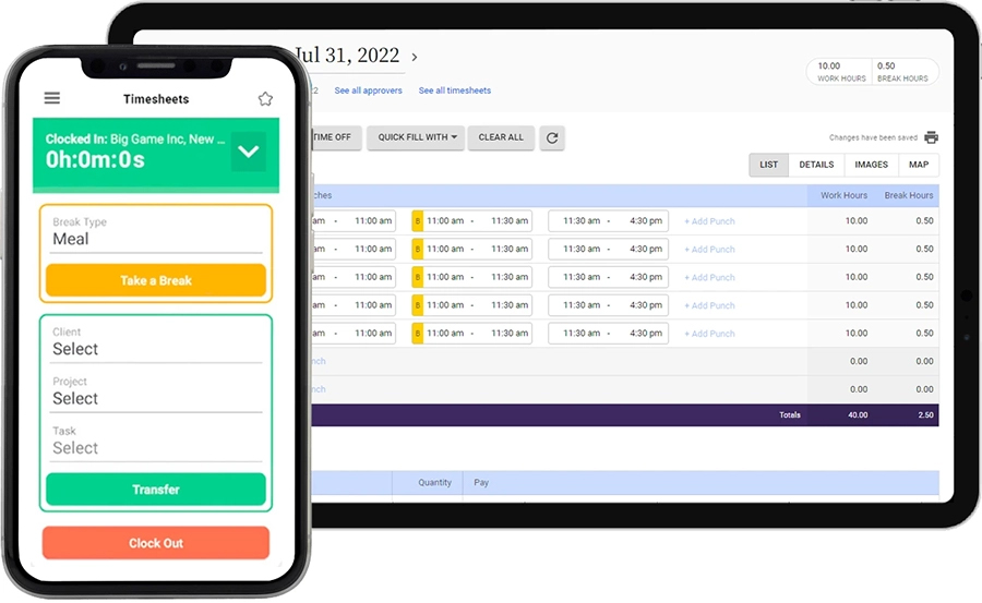 A preview of Replicons Timesheets feature on a tablet and a mobile device. 