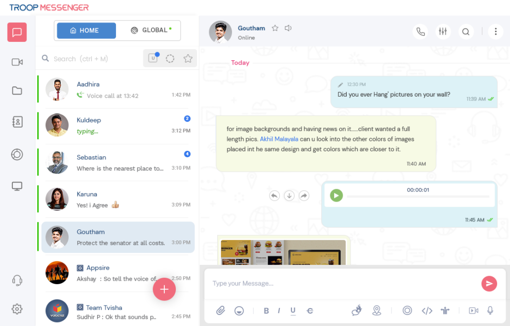 troop messenger review screenshot showing a team chat