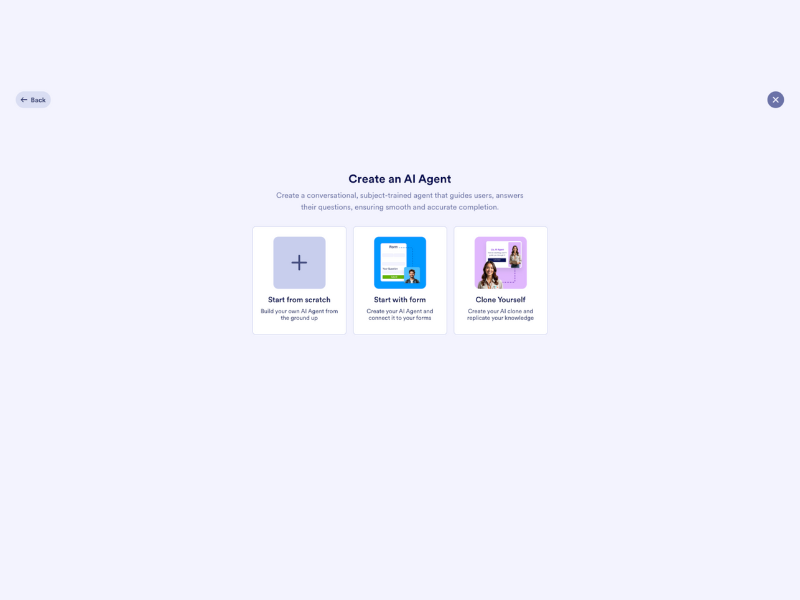 This is a screenshot of the first page in Jotform’s new AI Agent creator. Under the heading “Create an AI Agent” a description reads “Create a conversational, subject-trained agent that guides users, answers their questions, ensuring smooth and accurate completion.” There are three clickable options underneath this: “Start from scratch - Build your own AI Agent from the ground up”; “Start with form - Create your AI Agent and connect it to your forms”, and “Clone yourself - Create your AI clone and replicate your knowledge”.