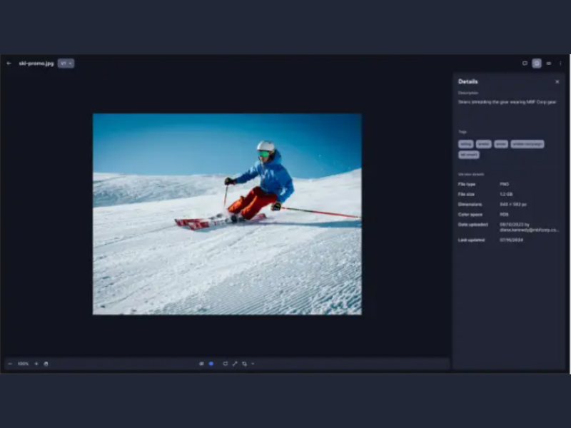 Screenshot of Smartsheet’s new Focus Mode. In this mode, the selected image becomes larger and the screen around it goes dark. A sidebar with the image details, such as tags and file type, appears on the right, and editing options, like a crop feature, appear at the bottom.