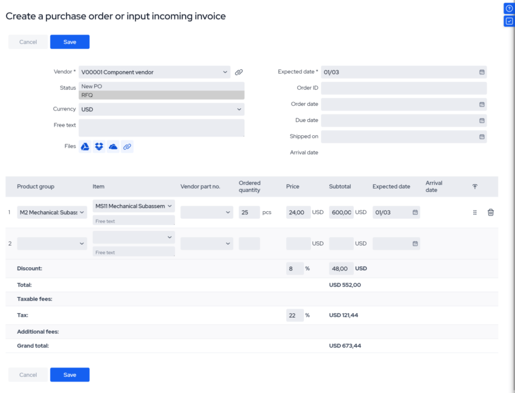 mrpeasy purchase order feature screenshot