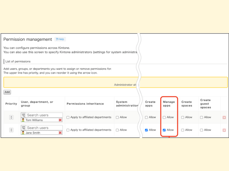 A screenshot of Kintone’s new enhanced permission management feature, showing a table with the users in rows and permissions in columns. These rows can be ordered by priority with arrows. Permission columns include Permissions inheritance, System administration, Create apps, Manage apps, Create spaces, Create guest spaces. Within the columns, there is a checkbox for “Allow”, which administrators can use to turn a permission on. The “manage apps” column is highlighted.