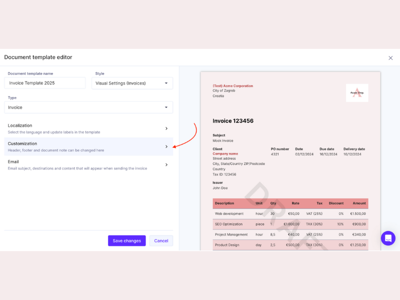 A screenshot of Productive’s new Document Style Editor showing a user editing an invoice. The invoice is to the right of the screen, while a document template editor is on the right. This includes areas to edit the document template name, style, and type. There are also options for Localization (change the language and labels), Customization for the header, footer, and document notes, and Email (subject, destination, and content that will appear when sending the invoice).