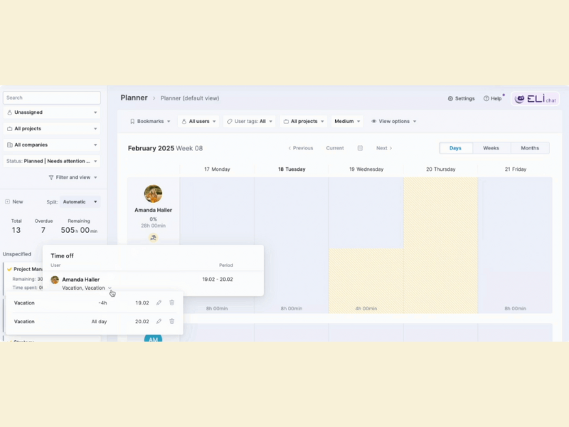 A screenshot of Scoro's new time-off visibility feature. It displays a weekly calendar for team member “Amanda Haller”. Her time off — 4 hours on Wednesday and the full day on Thursday, are highlighted in yellow. The rest of the calendar is grey. In the sidebar, the user can also see other available views, such as Unassigned, All projects, and All companies.