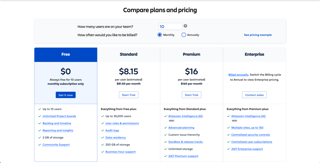 Jira plans and pricing information. Extracted from their website.