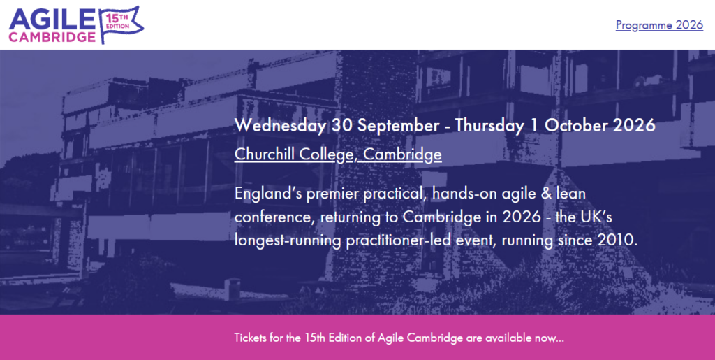 Uno screenshot della homepage di Agile Cambridge 2026