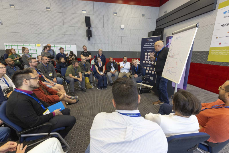 Partecipanti di Agile Prague riuniti intorno a un facilitatore durante una sessione di workshop.