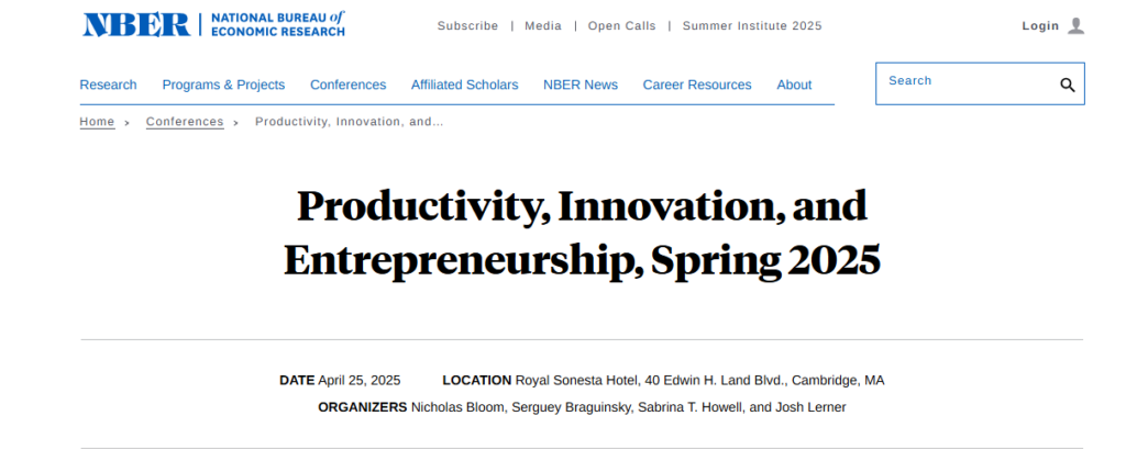 A screenshot of the landing page for the Productivity, Innovation, and Entrepreneurship conference