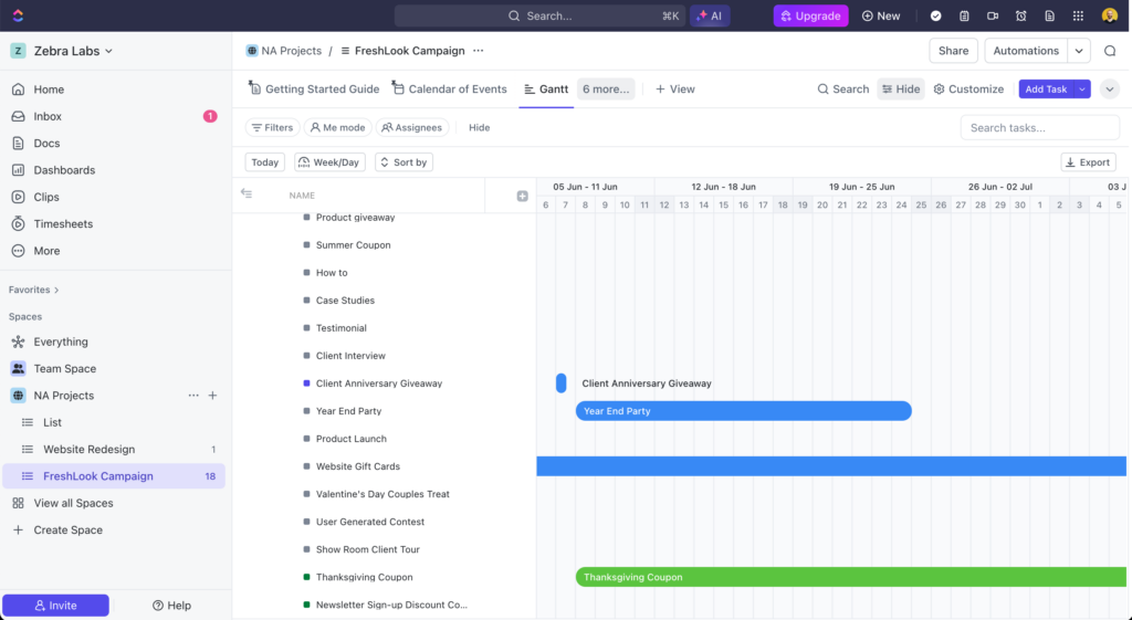 ClickUp project timeline screenshot