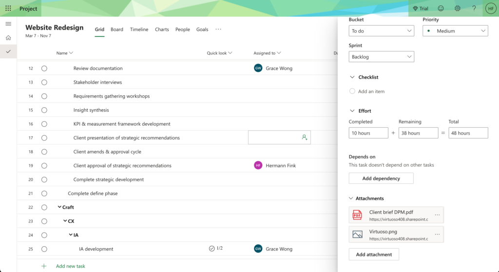 Microsoft projects task view with file attachments screenshot