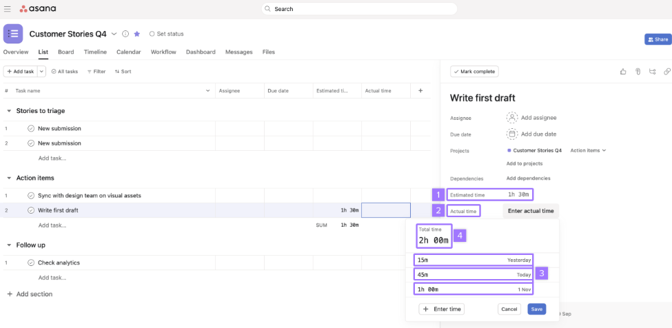 example of time tracking in asana