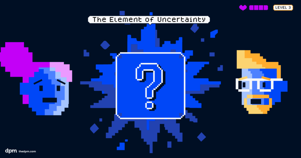 In this graphic, two video game characters look with concern at a box with a question mark on it, representing the element of uncertainty.