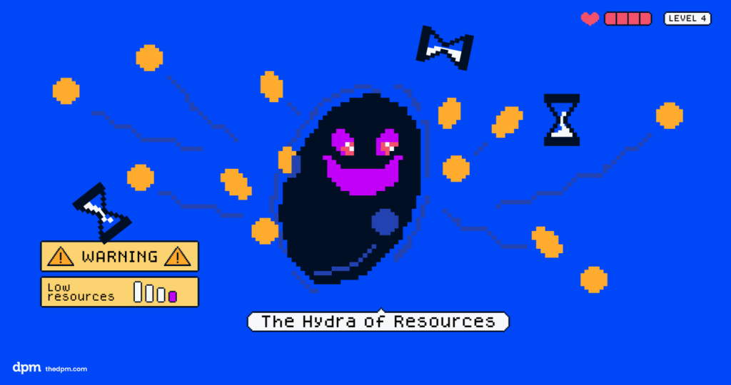 In this graphic, a black and purple creature reaches out several arms to steal as many resources as it can, prompting a warning about low resources in the bottom left corner.