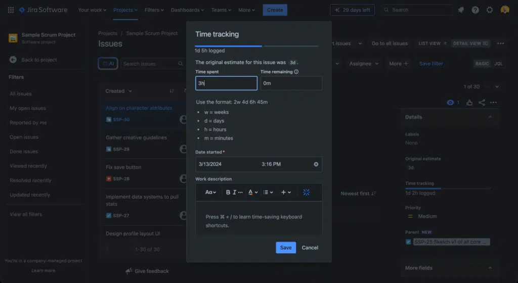 jira time tracking screenshot