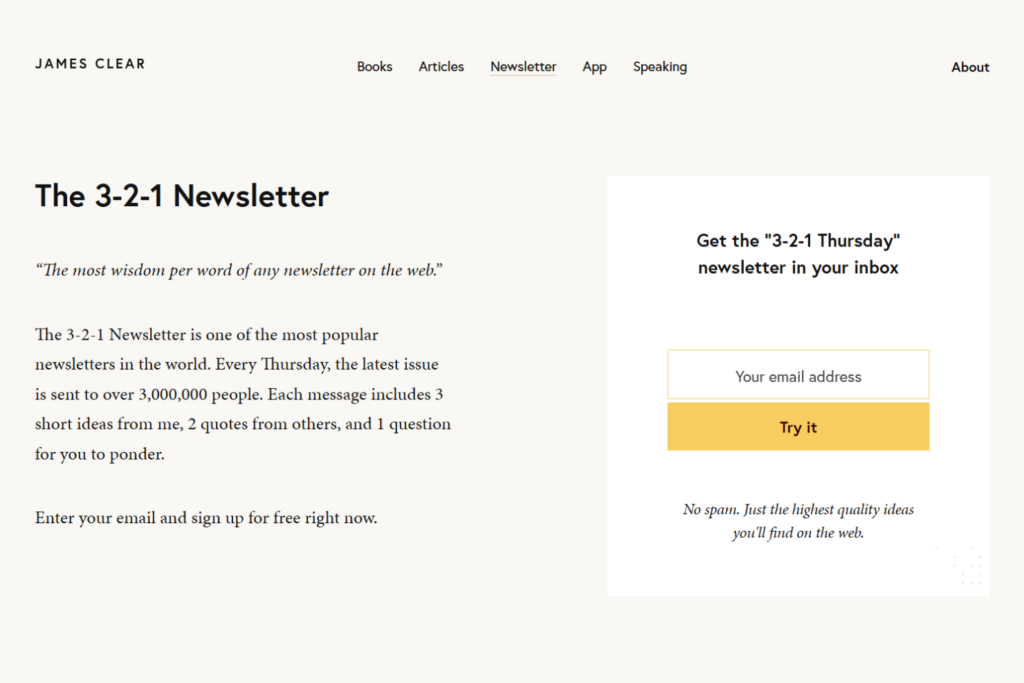 3-2-1 Thursday Newsletter signup page describing its weekly ideas, quotes, and reflection format