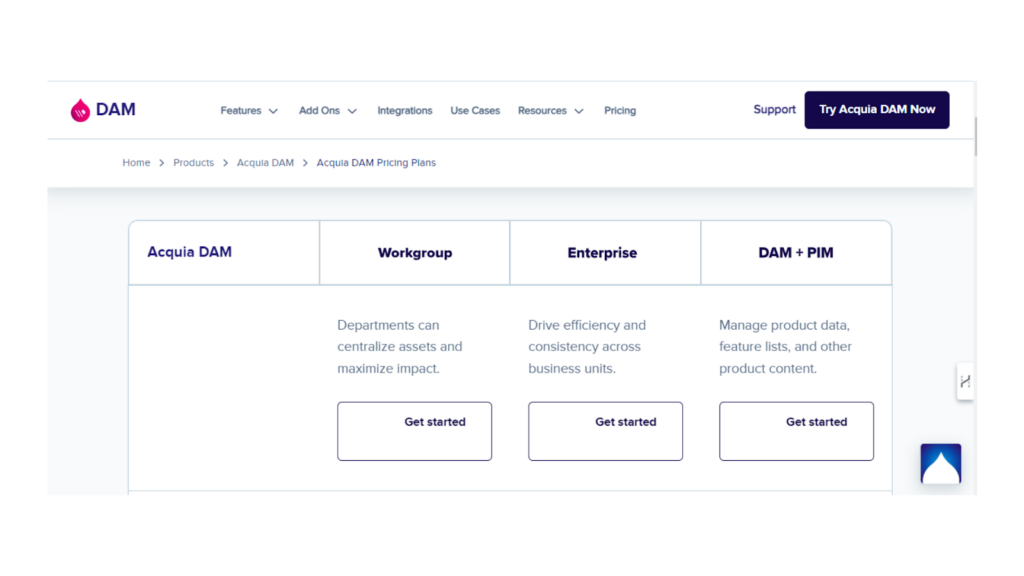 Screenshot of Acquia DAM Pricing, including the tool's Workgroup, Enterprise, and DAM+PIM plans.