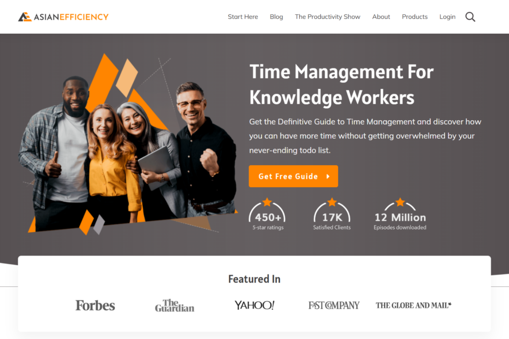 Asian Efficiency website featuring productivity resources and time management guidance for knowledge workers