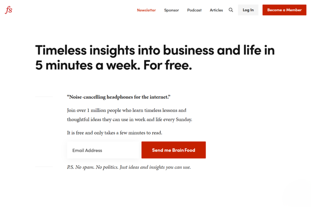 Brain Food Newsletter signup page highlighting weekly insights on business and life