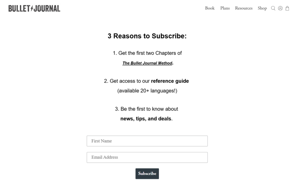 Bullet Journal Newsletter signup page highlighting journaling tips, guides, and updates