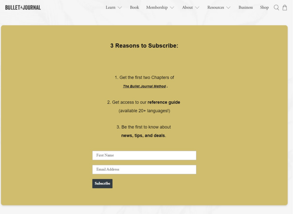 screenshot of Bullet Journal newsletter sign up page
