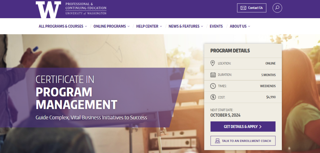 Certificate in Program Management course page screenshot