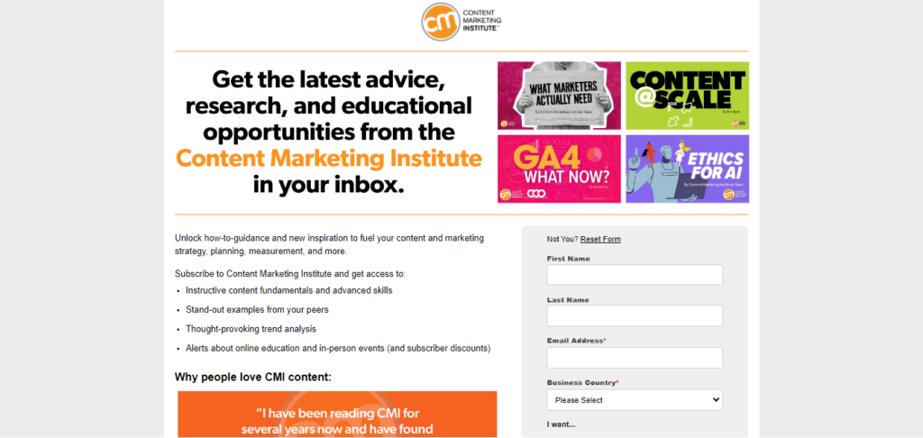 Content Marketing Institute newsletter subscription page