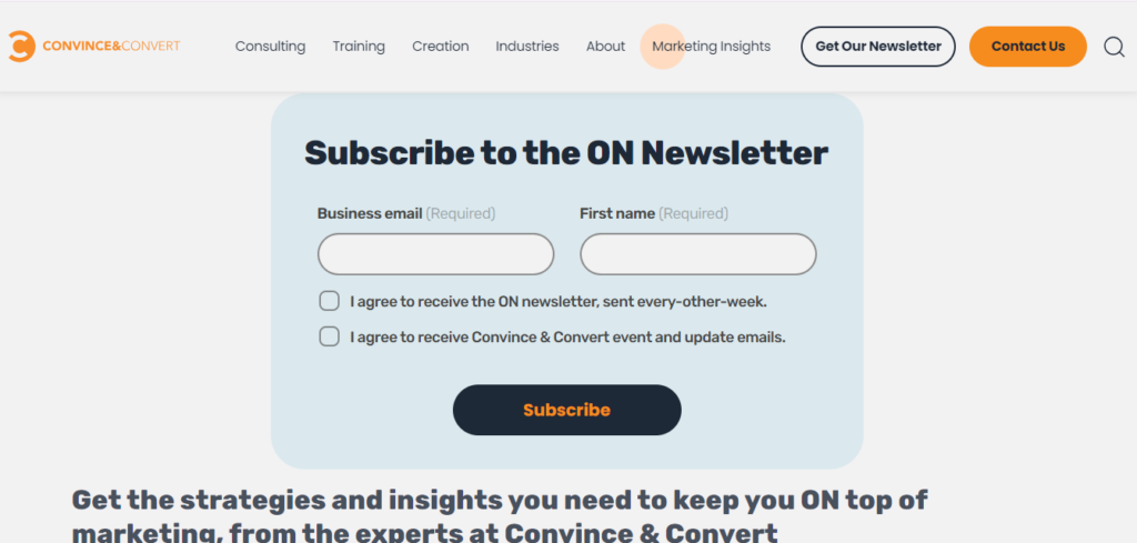 Convince & Convert newsletter subscription page