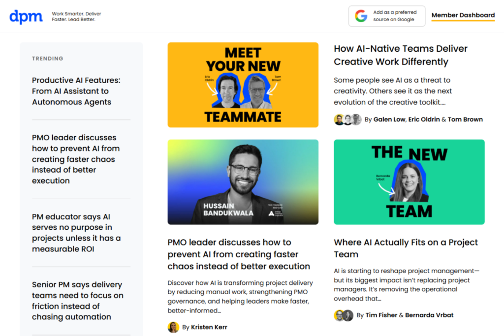 DPM homepage featuring AI-focused project management articles